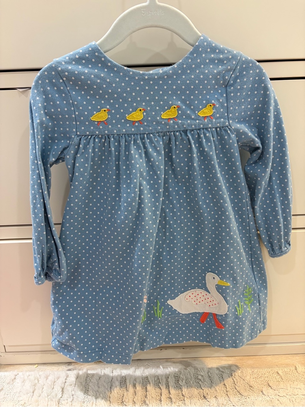 Baby BodenBlue Polka Dot Duck Appliqué Dress